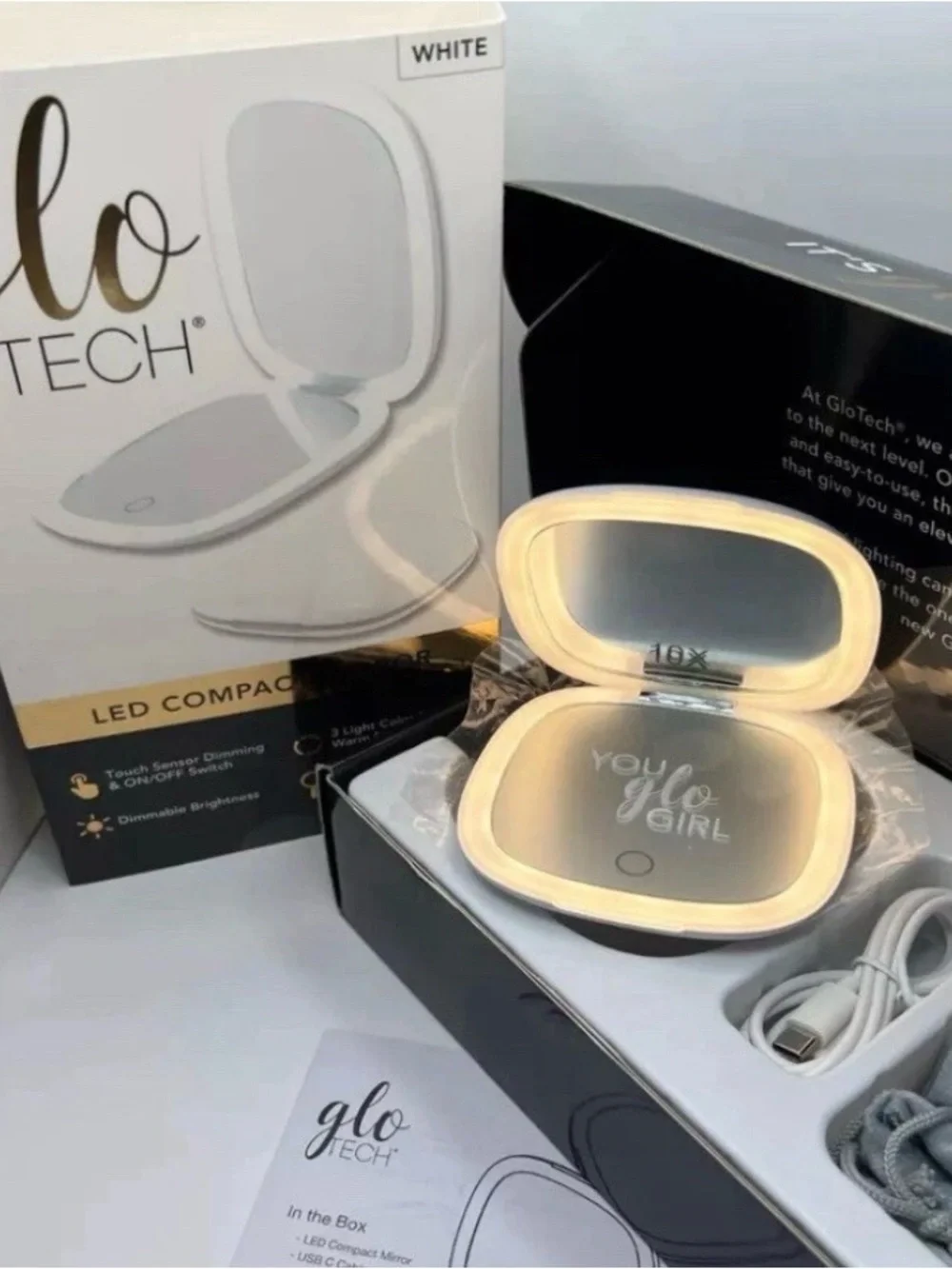 GloTech LED Compact Makeup Mirror 1x & 10x Magnification - Choose Black or White